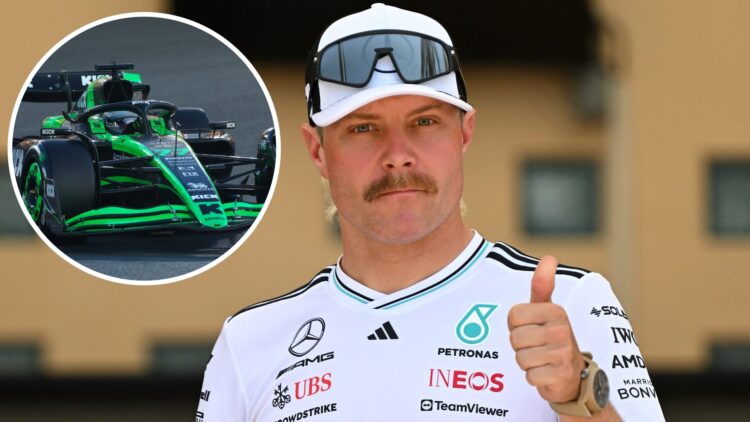 Mercedes reserve driver Valtteri Bottas in the 2025 F1 Bahrain Grand Prix paddock, inset Valtteri Bottas at Sauber