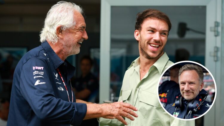 Flavio Briatore laughs with Pierre Gasly of Alpine; inset of Christian Horner