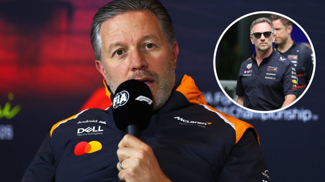 Zak Brown of McLaren speaks in a press conference; inset of Christian Horner