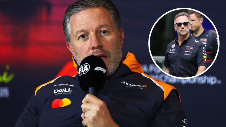 Zak Brown of McLaren speaks in a press conference; inset of Christian Horner