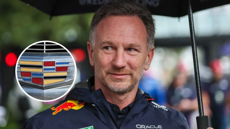 Red Bull Racing team principal Christian Horner at the 2025 Formula 1 Australian Grand Prix, inset, Cadillac badge
