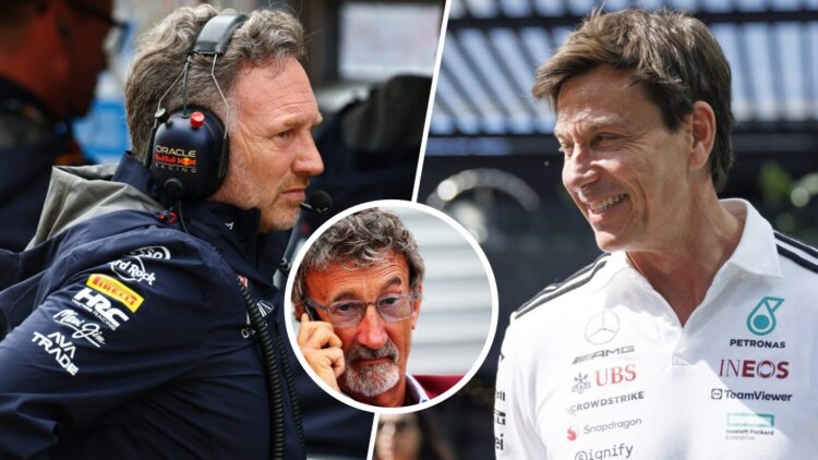 Eddie Jordan speaking on the phone in the overlay image, with Toto Wolff and Christian Horner in the F1 paddock on the right and left, respectively.
