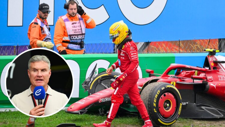 Lewis Hamilton walks away after crashing his Ferrari F1 car; inset of David Coulthard
