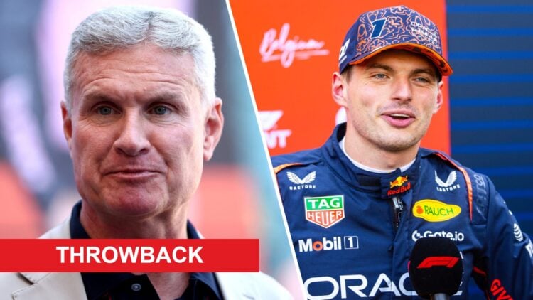 David Coulthard speaks in the F1 paddock (L); Max Verstappen of Red Bull conducts in an interview in parc ferme (R)