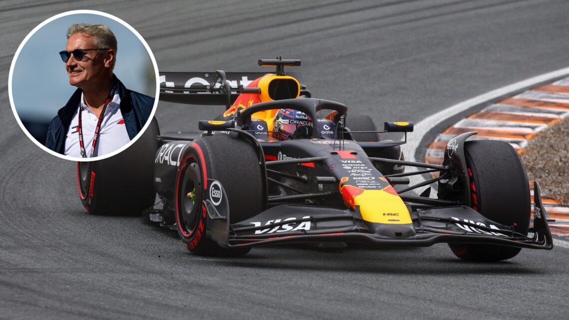 Max Verstappen drives the Red Bull F1 car; inset of David Coulthard
