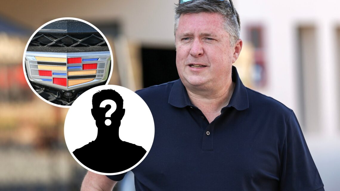 David Croft at the Bahrain Grand Prix, inset, Cadillac badge