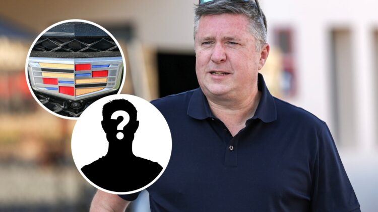 David Croft at the Bahrain Grand Prix, inset, Cadillac badge