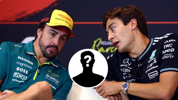 Mercedes driver George Russell speaking to Aston Martin driver Fernando Alonso at the Spanish Grand Prix