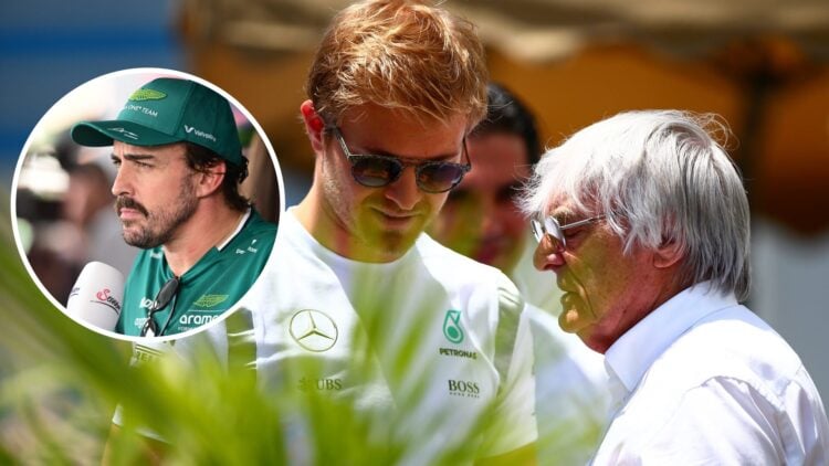 Nico Rosberg and Bernie Ecclestone talking, inset, Aston Martin driver Fernando Alonso