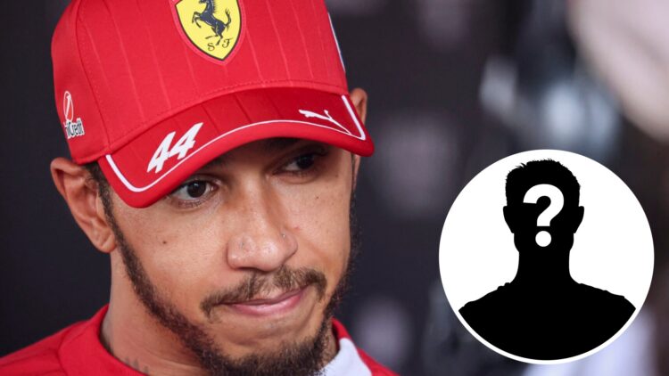 Ferrari driver Lewis Hamilton speaks to the media at the 2025 F1 Hungarian Grand Prix with a mystery person inset
