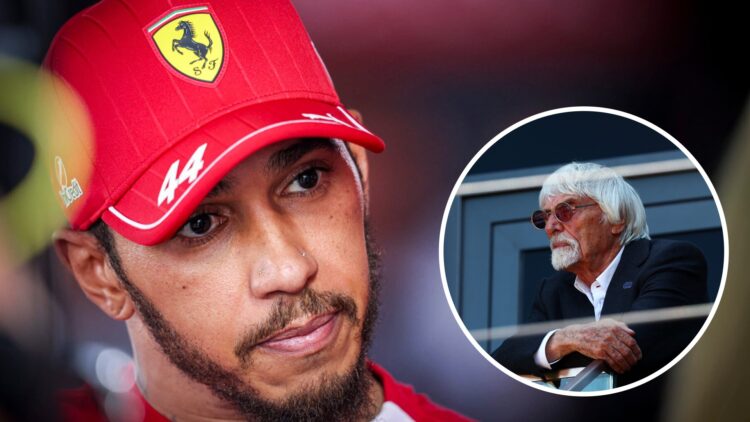 Ferrari driver Lewis Hamilton speaks to the media after the 2025 F1 Hungarian Grand Prix with an inset of Bernie Ecclestone