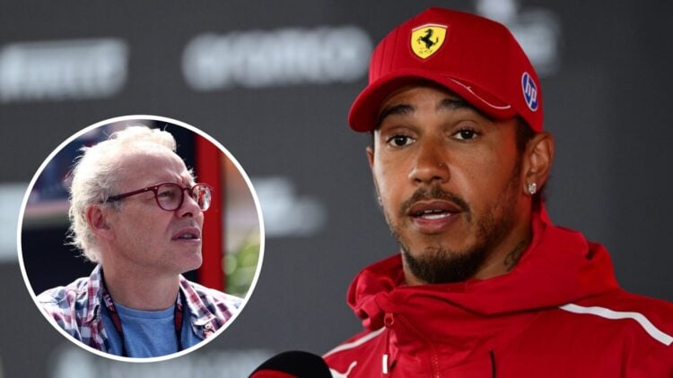 Ferrari driver Lewis Hamilton talking to the media ahead of the 2025 F1 Dutch Grand Prix with an inset of Jacques Villeneuve