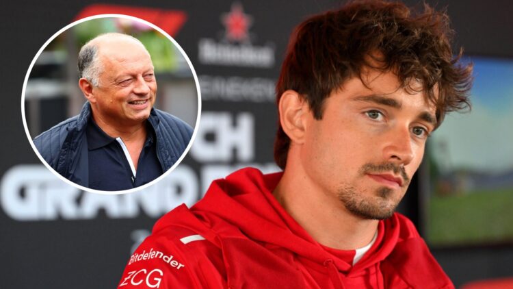 Ferrari driver Charles Leclerc speaks to the media ahead of the 2025 F1 Dutch Grand Prix with an inset of Fred Vasseur in the Zandvoort paddock