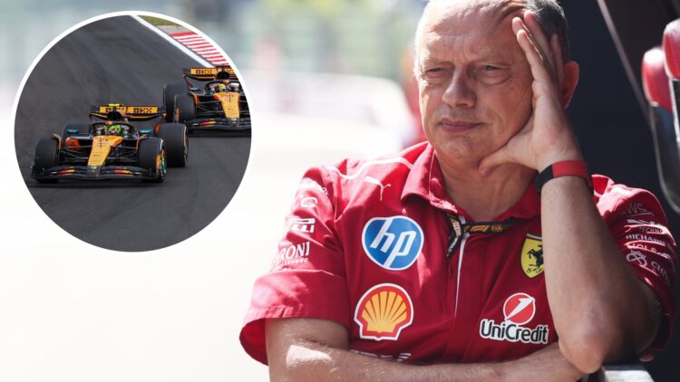 Ferrari team principal Fred Vasseur on the pit wall before the F1 Sprint at the 2025 Belgian Grand Prix with an inset of McLaren drivers Lando Norr...