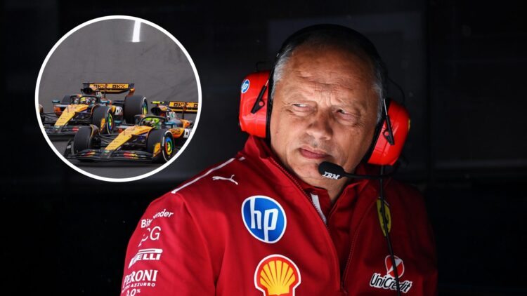 Ferrari boss Fred Vasseur on the pit wall at the 2025 Canadian Grand Prix with Lando Norris and Oscar Piastri battling at the 2025 Hungarian Grand ...