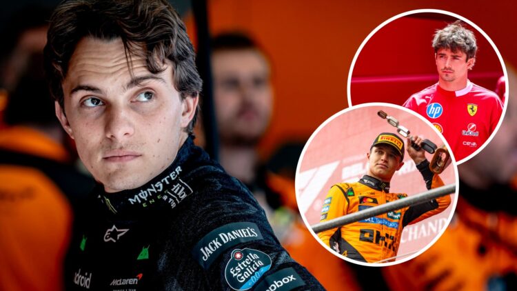 McLaren driver Oscar Piastri at the 2025 F1 Belgian Grand Prix, with insets of Charles Leclerc and Lando Norris