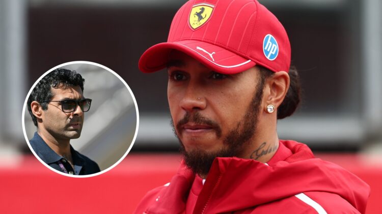 Ferrari driver Lewis Hamilton at the 2025 Belgian Grand Prix, inset, Karun Chandok