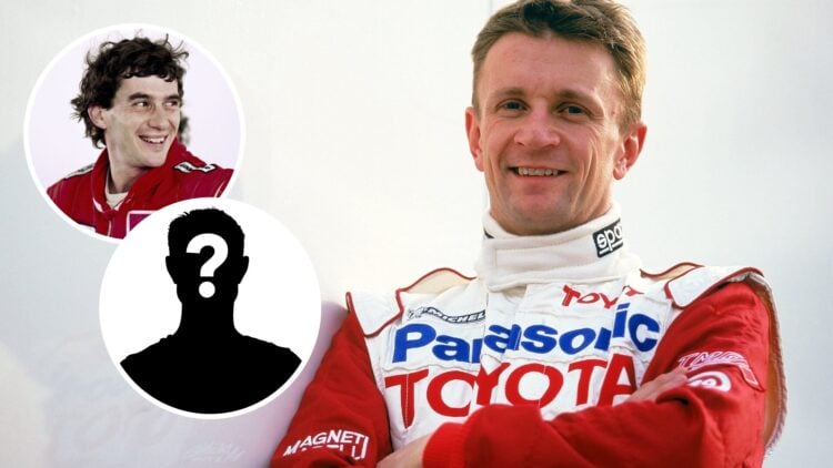 Toyota driver Allan McNish at the start of the 2002 Formula 1 season, inset, Ayrton Senna