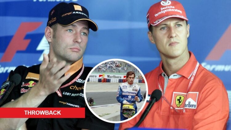 Jos Verstappen of Arrows, Michael Schumacher of Ferrari and Ayrton Senna of Williams Racing