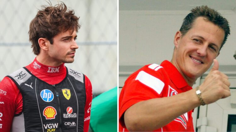 Ferrari driver Charles Leclerc (left) at the Hungarian Grand Prix, Ferrari driver Michael Schumacher (right) during the 2004 F1 season