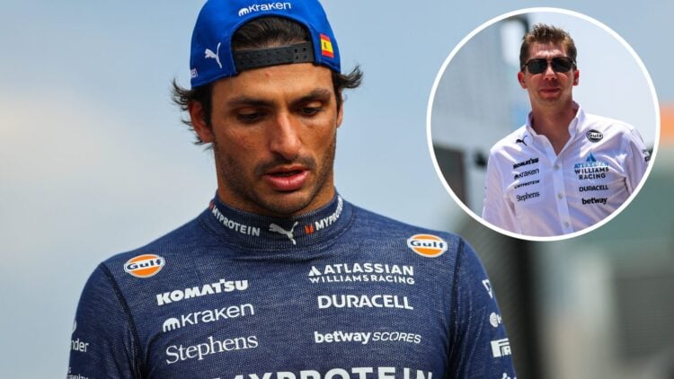Williams driver Carlos Sainz in the 2025 F1 Hungarian Grand Prix paddock, inset James Vowles