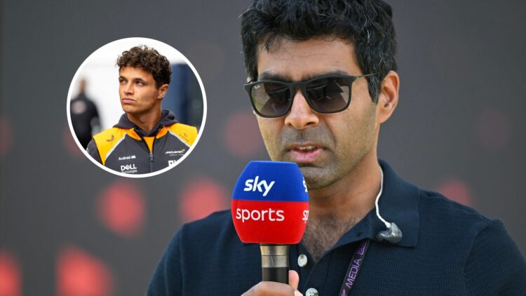 Karun Chandhok speaking into a microphone for Sky Sports F1 whilst Lando Norris looks away from the camera in the overlay image