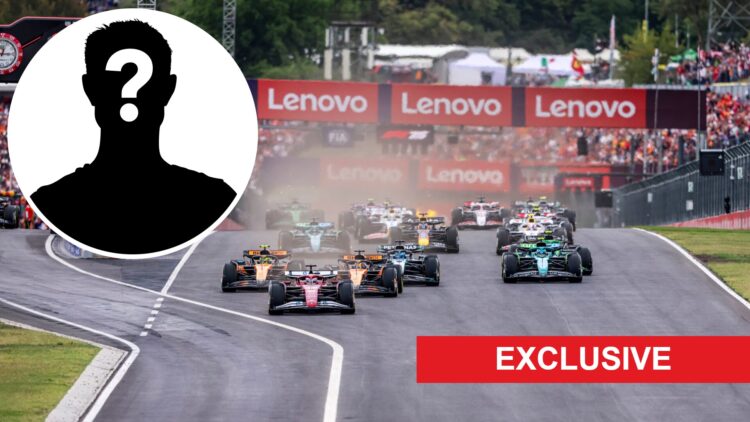 The start of the 2025 Hungarian Grand Prix, inset Mystery driver with an exclusive banner