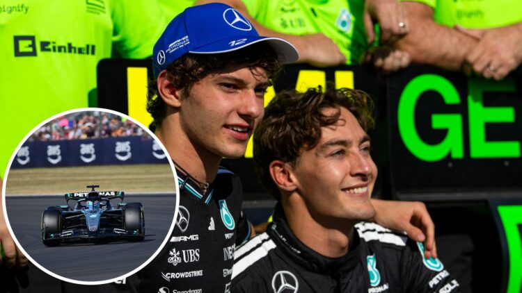 Mercedes drivers Kimi Antonelli ad George Russell celebrate after 2025 Canadian Grand Prix, inset George Russell in the W16