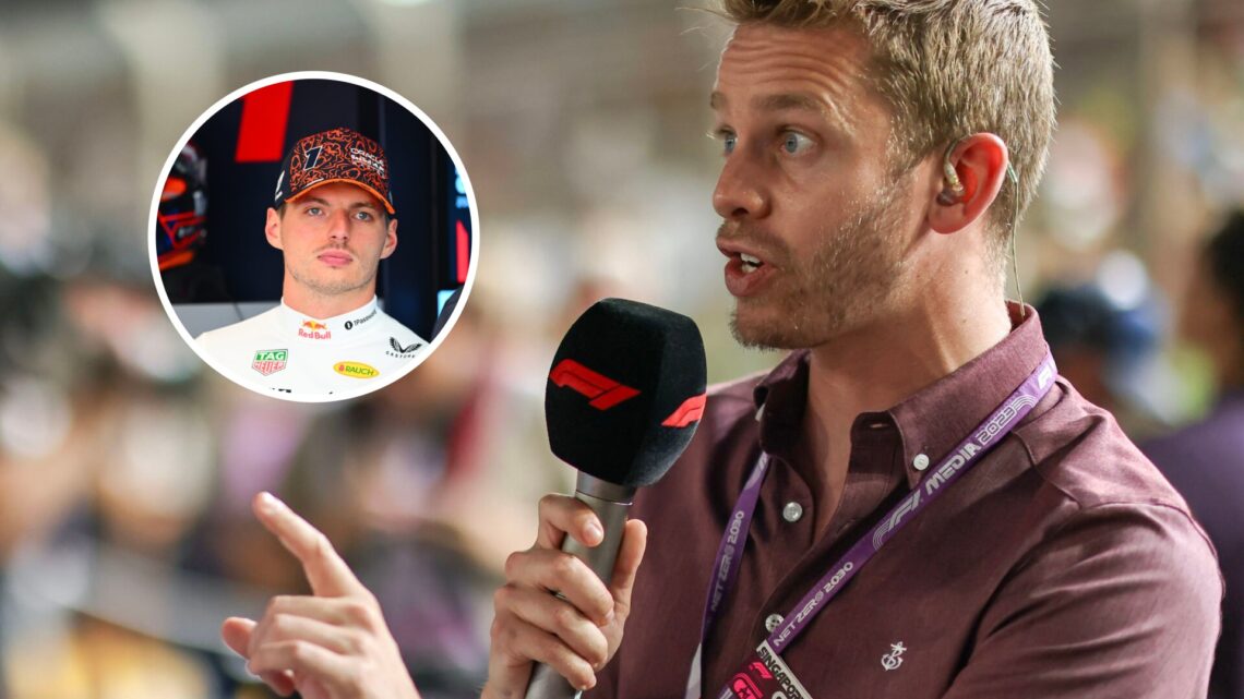 Alex Brundle talking to F1 TV in the paddock, with Max Verstappen wearing Red Bull gear in the overlay image