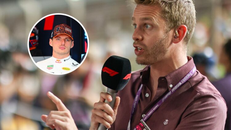 Alex Brundle talking to F1 TV in the paddock, with Max Verstappen wearing Red Bull gear in the overlay image