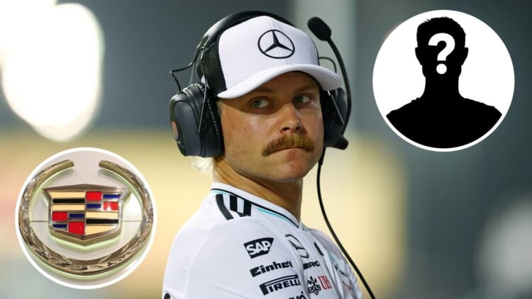 Mercedes reserve driver Valtteri Bottas at the 2025 F1 Bahrain Grand Prix, insets Cadillac logo and Mystery