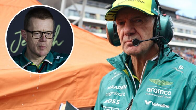 Aston Martin managing technical partner Adrian Newey on the grid at the 2025 F1 British Grand Prix with an inset of Andy Cowell