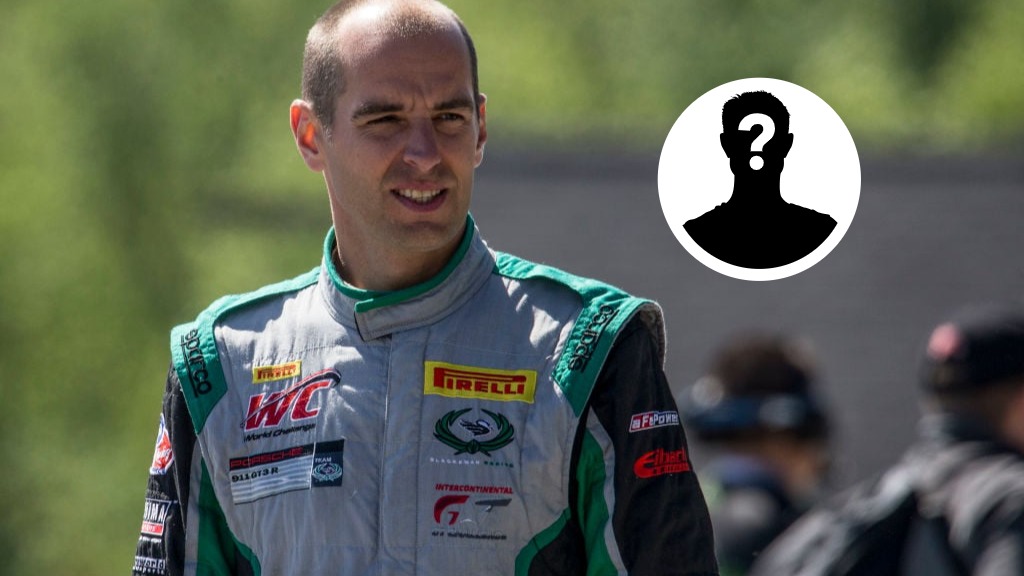 Jeroen Bleekemolen wearing race overalls looking past the camera with a mystery image in the overlay