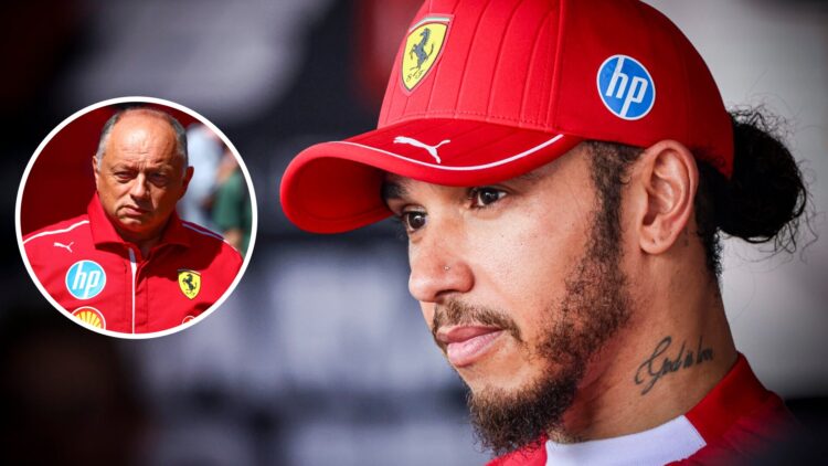 Lewis Hamilton of Ferrari looks on during an interview; inset of Fred Vasseur
