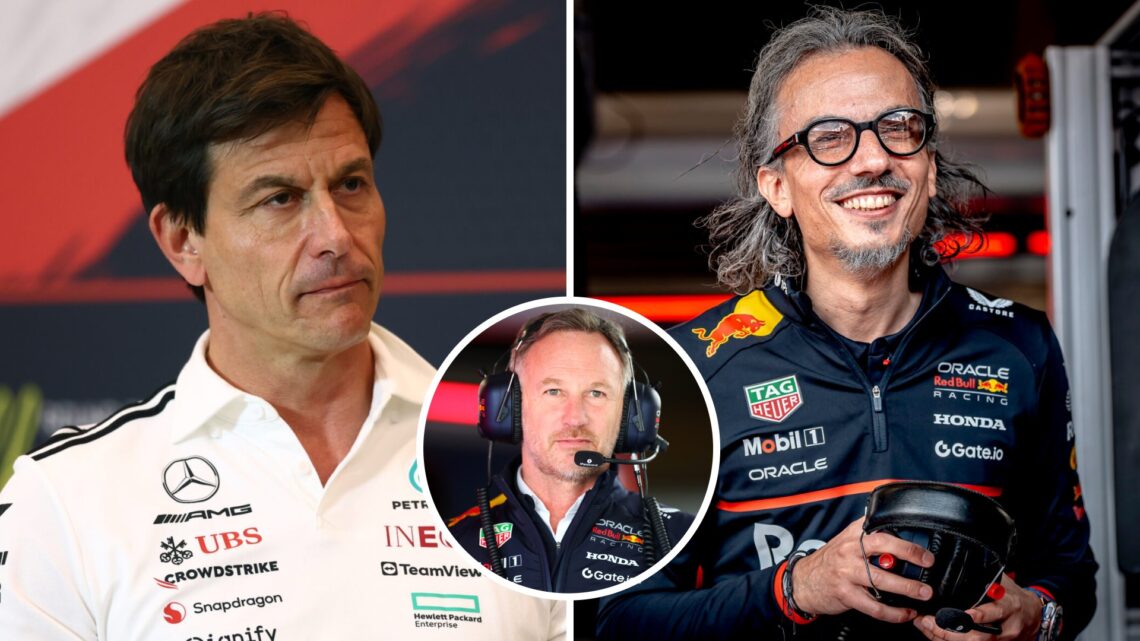Toto Wolff of Mercedes looks on during a press conference (L); Laurent Mekies smiles in the Red Bull garage (R); inset of Christian Horner