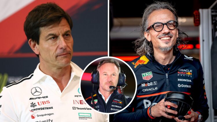 Toto Wolff of Mercedes looks on during a press conference (L); Laurent Mekies smiles in the Red Bull garage (R); inset of Christian Horner