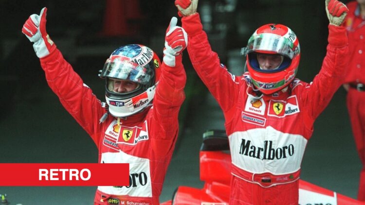 Ferrari drivers Eddie Irvine and Michael Schumacher celebrating during the 1999 Formula 1 season