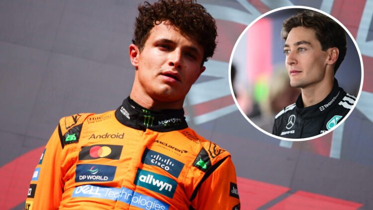 McLaren driver Lando Norris on the podium at the 2025 Hungarian Grand Prix, inset George Russell