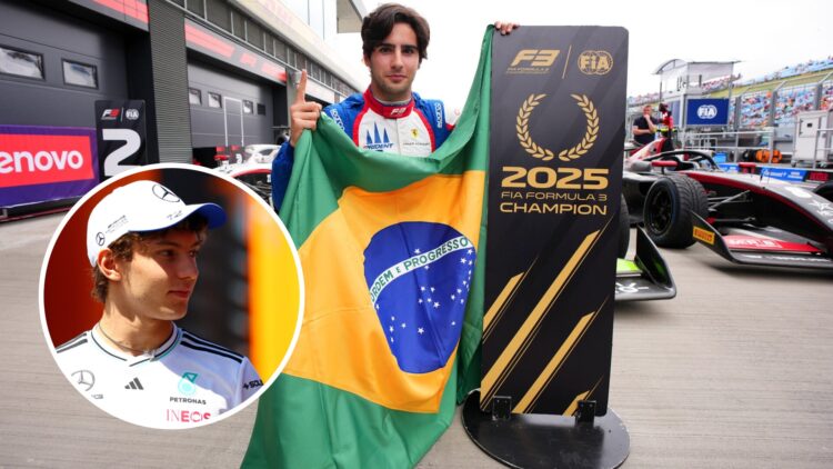 Rafa Camara of Trident celebrates winning the 2025 Formula 3 title and Kimi Antonelli
