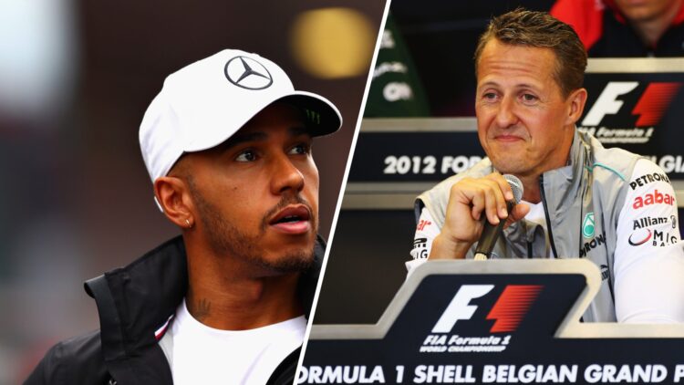 Split image of Lewis Hamilton (L) of Mercedes at the 2018 Austrian Grand Prix and Michael Schumacher (R)