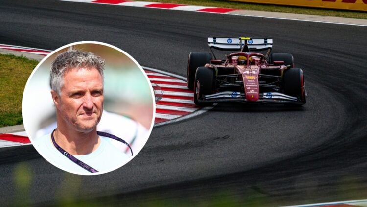 Lewis Hamilton drives the Ferrari F1 car; inset of Ralf Schumacher