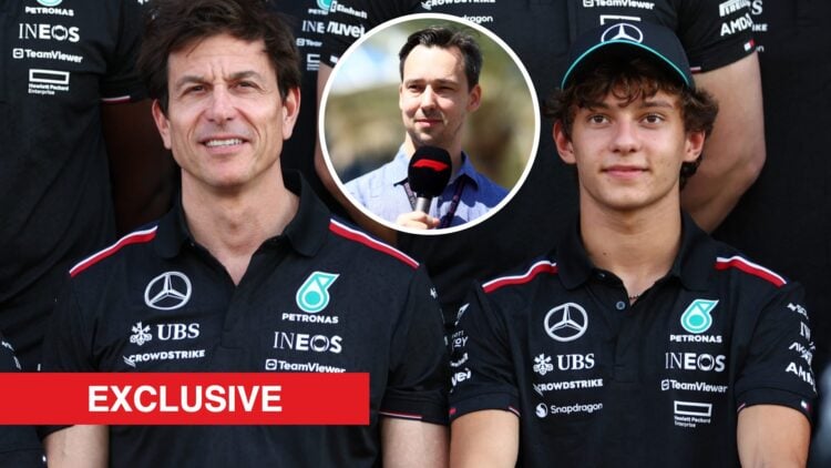 Toto Wolff and Kimi Antonelli lining up for a Mercedes team photo, with Alex Jacques speaking into a microphone in the overlay image