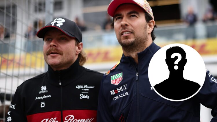 Sergio Perez and Valtteri Bottas speak before an F1 race; inset of a mystery driver