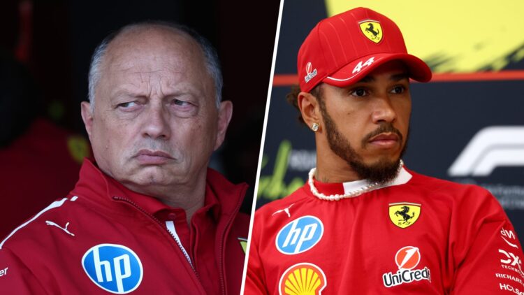 Split image of Ferrari team principal Fred Vasseur (L) and Ferrari driver Lewis Hamilton (R)