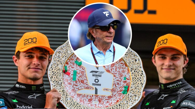 McLaren drivers Lando Norris and Oscar Piastri celebrates a one-two in the 2025 F1 Hungarian Grand Prix with an inset of Emerson Fittipaldi in Austria