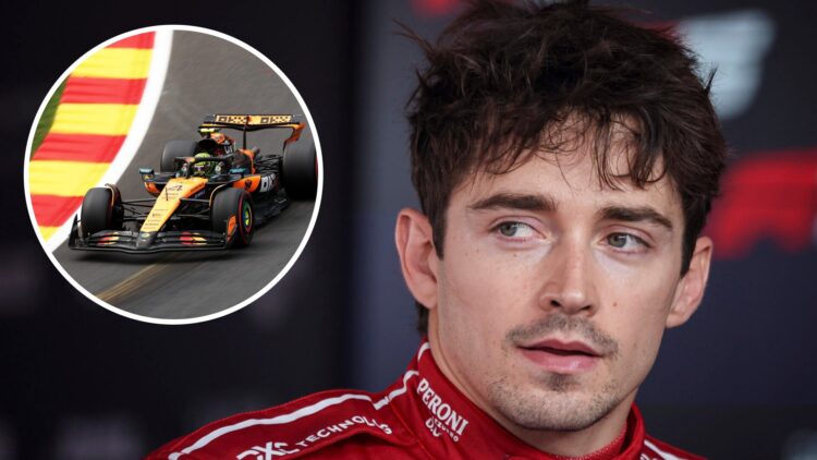 Ferrari driver Charles Leclerc speaks to the media at the 2025 Hungarian Grand Prix, inset Lando Norris