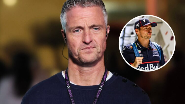Ralf Schumacher looks on in the F1 paddock; inset of Red Bull driver Max Verstappen