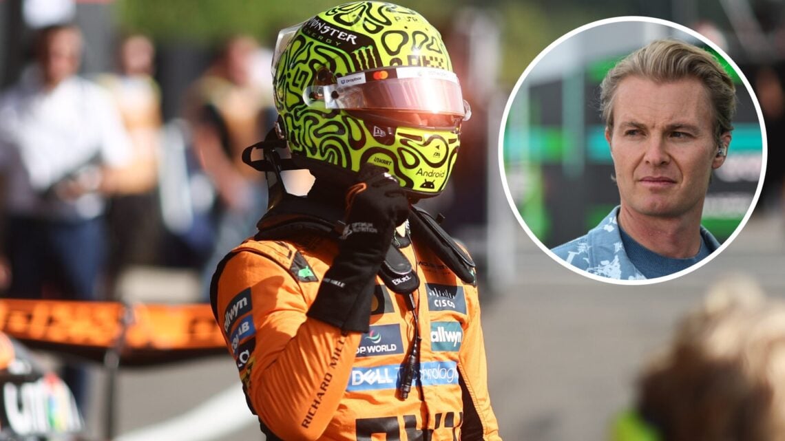 Lando Norris of McLaren celebrates pole position at the 2025 Belgian Grand Prix, inset Nico Rosberg