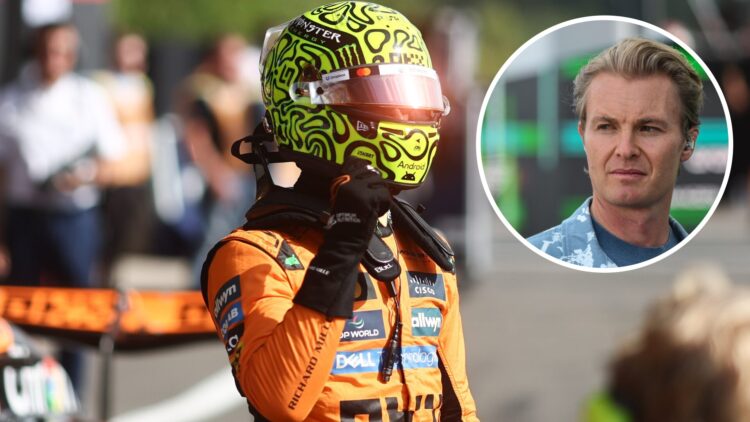 Lando Norris of McLaren celebrates pole position at the 2025 Belgian Grand Prix, inset Nico Rosberg