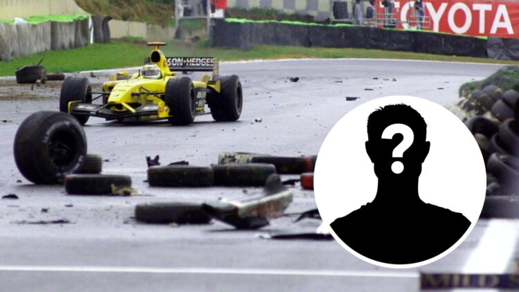 Giancarlo Fisichella of Jordan navigates a crash at the 2003 Brazilian Grand Prix